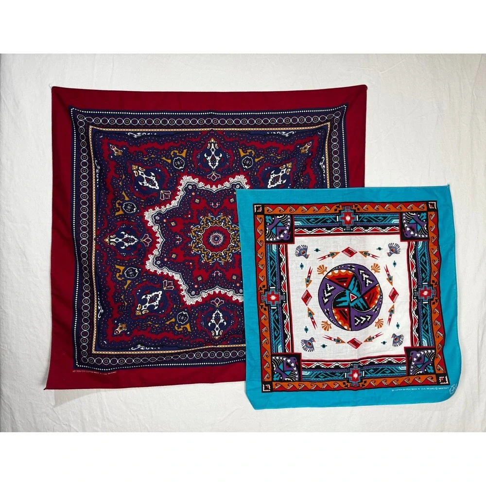 Vtg Wamcraft Bandana Lot 2 Burgundy Paisley Southwestern Turquoise Made‎ in USA